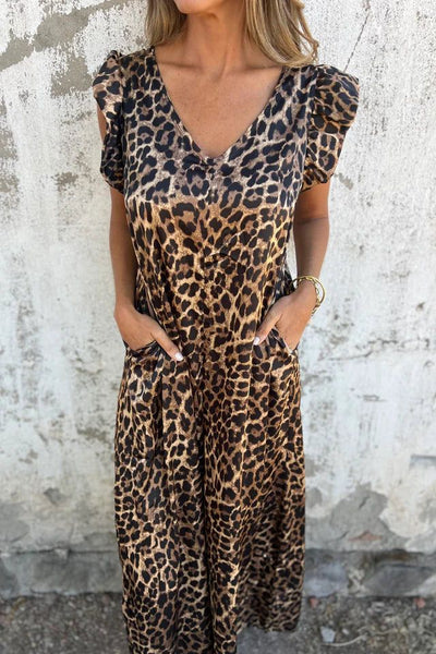 Leopard Print V-Neck Jumpsuit With Front Pockets