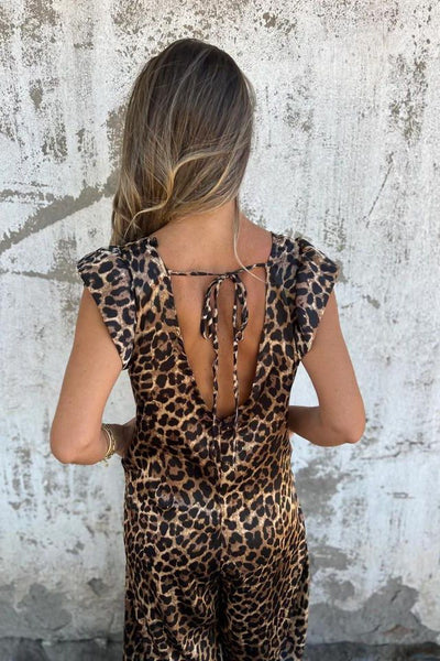 Leopard Print V-Neck Jumpsuit With Front Pockets