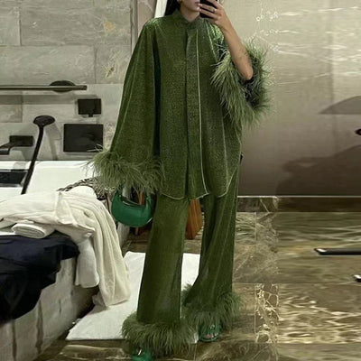 Amara – Feather-Trimmed Loungewear Set